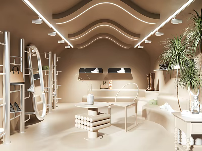 Boutique Interior With Beige Walls Ceiling Wave Shaped Lights Metal Shelves Green Plants White Table 3d model