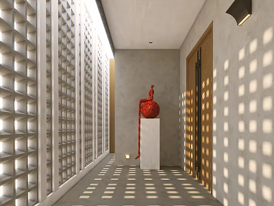 Modern Entryway Hallway With Lattice Wall Light Shadow Patterns Red Sculpture And Wooden Door 3d model