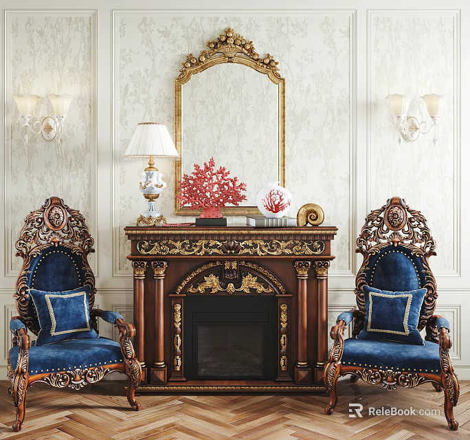Ornate Gold Carved Fireplace With Blue Armchairs And Decorative Mirror On White Wallpaper 3d model 