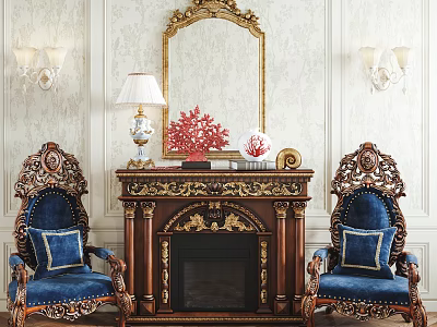 Ornate Gold Carved Fireplace With Blue Armchairs And Decorative Mirror On White Wallpaper 3d model
