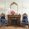 Ornate Gold Carved Fireplace With Blue Armchairs And Decorative Mirror On White Wallpaper