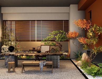 Japanese-style indoor landscaping landscape sketch plant combination plant pile fern stone 3d model