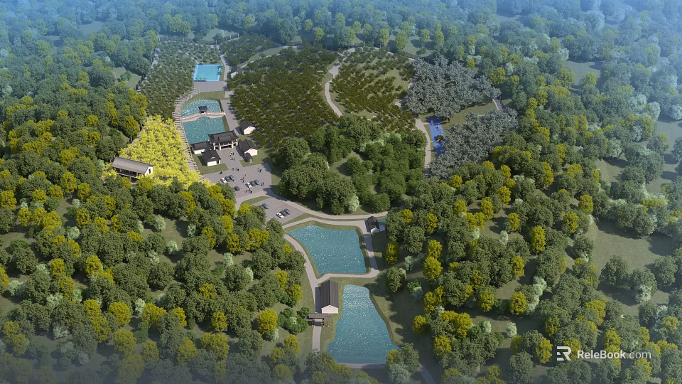 Aerial Planning View Featuring Lush Forests Multiple Ponds Winding Roads And Scattered Buildings 3d model