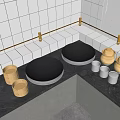 Modern Kitchen Interior Featuring Cabinets Gray Countertop Metal Lids Wooden Steamers And Golden Trim