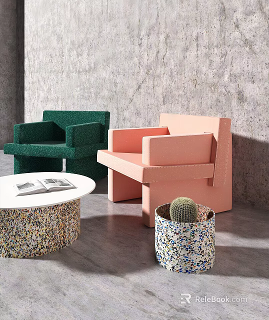 Casual Sofa Set With Green And Pink Armchairs Side Table Magazines And Cactus Planter 3d model 