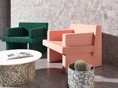 Casual Sofa Set With Green And Pink Armchairs Side Table Magazines And Cactus Planter 3d model