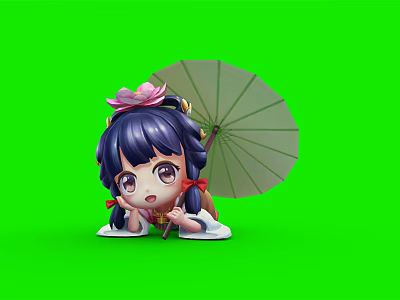 Cute Girl With Purple Hair And Pink Flower Holding Umbrella Lying On Green Background 3d model