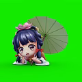 Cute Girl With Purple Hair And Pink Flower Holding Umbrella Lying On Green Background
