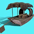 Traditional Wooden Water Transportation Boat With Brown Canopy And Large Wooden Wheel
