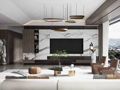 Modern Living Room Interior With Marble TV Wall Circular Pendant Lights Coffee Table And White Sofa 3d model