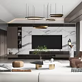 Modern Living Room Interior With Marble TV Wall Circular Pendant Lights Coffee Table And White Sofa