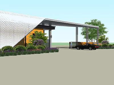 White Perforated Building Facade Design With Greenery Trees And Entrance Area 3d model