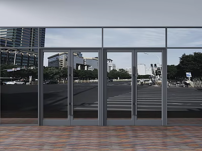 Modern Glass Double Doors At Building Entrance With Street View Outside 3d model