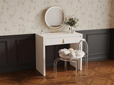 Elegant White Vanity Table With Round Mirror Metal Chair And Herringbone Floor 3d model
