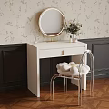 Elegant White Vanity Table With Round Mirror Metal Chair And Herringbone Floor