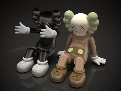 Contemporary Sculpture Carving Two Sitting Figures Black Brown With X Eyes Big Ears And Shoes 3d model
