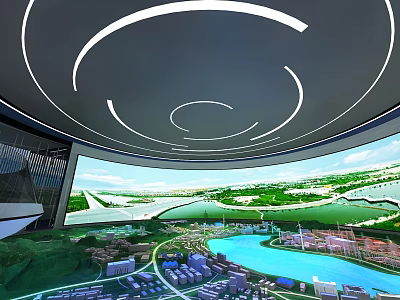 Modern Sales Office Featuring Circular Ceiling Lighting Strips Large Display Green Landscape Water Pool 3d model