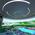 Modern Sales Office Featuring Circular Ceiling Lighting Strips Large Display Green Landscape Water Pool