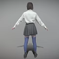 A Woman Wearing White Shirt Tie Gray Pleated Skirt Blue Thigh High Socks And Boots