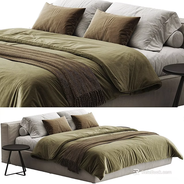 Comfortable Double Bed With Green Velvet Duvet Brown And Gray Pillows And Side Table 3d model 