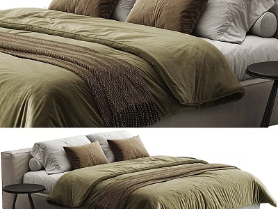 Comfortable Double Bed With Green Velvet Duvet Brown And Gray Pillows And Side Table 3d model