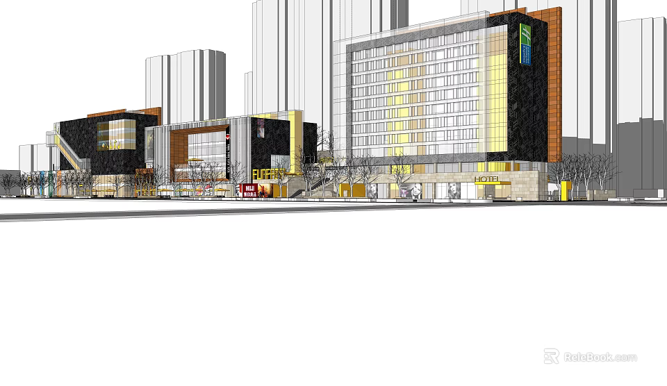 Modern Urban Commercial High Rise Building Exterior Design With City Skyline And Glass Facade 3d model 