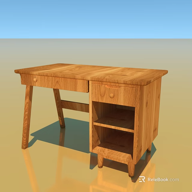 Natural Style Wooden Desk With Solid Wood Construction Single Drawer And Open Shelves 3d model 