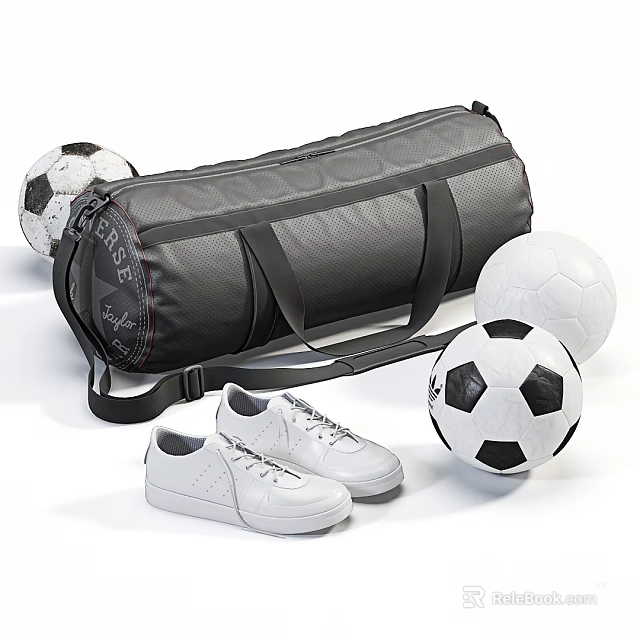 Black Sports Duffel Bag With Soccer Balls and White Sneakers on White Background 3d model 
