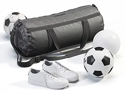Black Sports Duffel Bag With Soccer Balls and White Sneakers on White Background 3d model