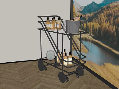 Mobile Wheeled Commercial Equipment Cart With Bottles And Storage Bucket For Service 3d model