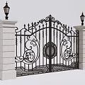 Ornate Wrought Iron Gate With Decorative Design And Stone Pillars Topped With Lanterns