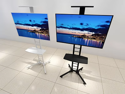 Two Modern Televisions on White and Black Stands Displaying Scenic Coastal City Night Views 3d model