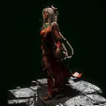 Woman with white hair and headdress wearing red outfit holding weapon standing on stone