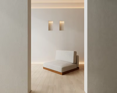 Minimalist Light Upholstered Single Sofa In Neutral Toned Interior With Wooden Floor And Wall Sconces 3d model