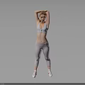 Fit Woman Stretching Arms Overhead in Sports Bra and Athleisure Pants on Neutral Background
