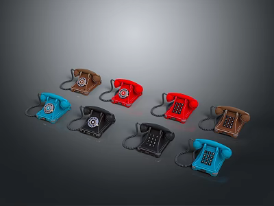 Vintage Electronic Telephones in Various Colors Including Red Blue Black Brown with Classic Retro Design 3d model
