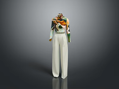 Stylish Colorful Patterned Long Sleeved Top With White High Waisted Straight Leg Trousers 3d model