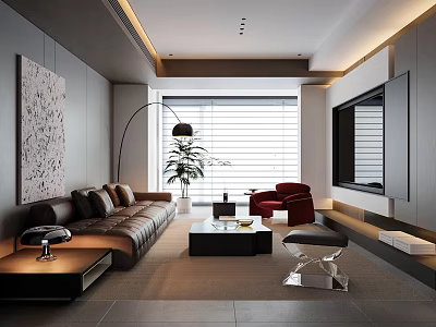 Modern Living Room Featuring Brown Leather Sofa Red Chair Floor Lamp Blinds And Wall Art 3d model