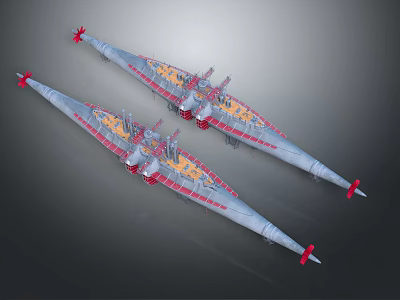 Two Gray Water Vessels With Red Accents And Yellow Structural Components 3d model