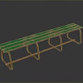 Vintage Outdoor Bench With Green Striped Surface And Red Metal Frame