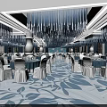 Elegant Banquet Hall Interior Design With Hanging Chandeliers Round Tables And White Chairs