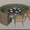 Green Curved Sectional Sofa With Round Black Marble Dining Table And Wooden Rattan Chairs