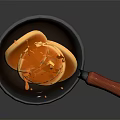 Black Frying Pan With Red Handle Stacked Pancakes And Golden Syrup