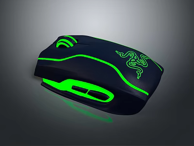 Black Gaming Computer Mouse With Green Glowing Lines And Snake Logo Design 3d model