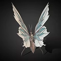 Metallic Insect Sculpture With Leaf Shaped Wings And Blue White Patterns On Dark Background 3d model