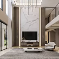 Modern Duplex Living Room Interior Design With High Ceiling Large Painting Sofa And Floor Windows