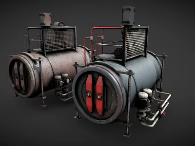 Rustic Industrial Metal Tanks With Red Valves Piping Systems And Protective Grilles 3d model