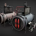 Rustic Industrial Metal Tanks With Red Valves Piping Systems And Protective Grilles