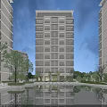 Modern High Rise Residential Building With Glass Curtain Walls Pool Trees Reflection And Evening Lighting