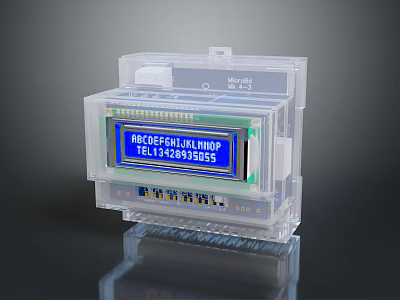 Transparent Case Electronic Device With Blue Digital Display Showing Text And Numbers 3d model